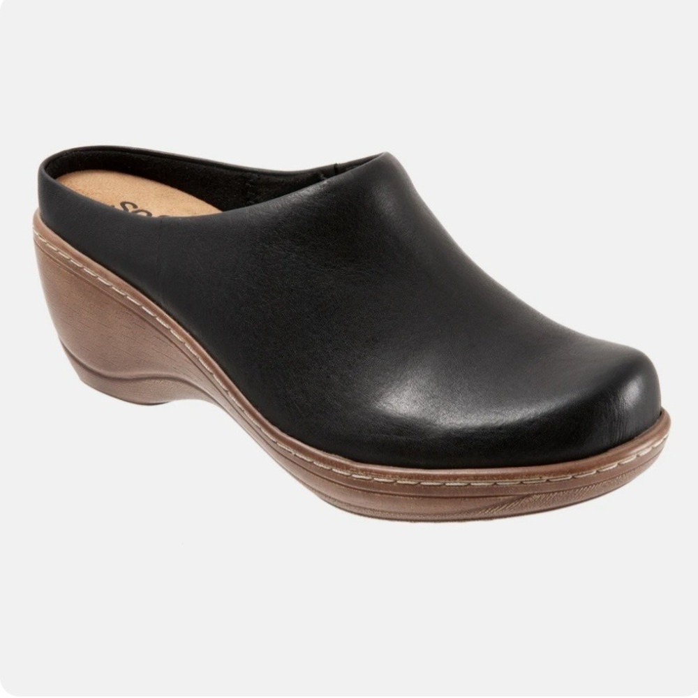 Softwalk Madison Black Leather Wedge Clogs Mules Slip On Comfort Shoes 6